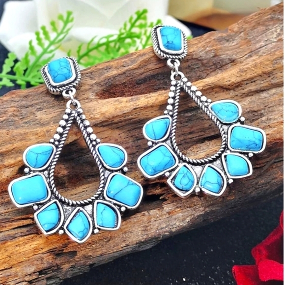 Kin Mei Jewelry - Turquoise Earrings 925 Silver Plated Western Bohemian Boho Blue Silvery Jewelry